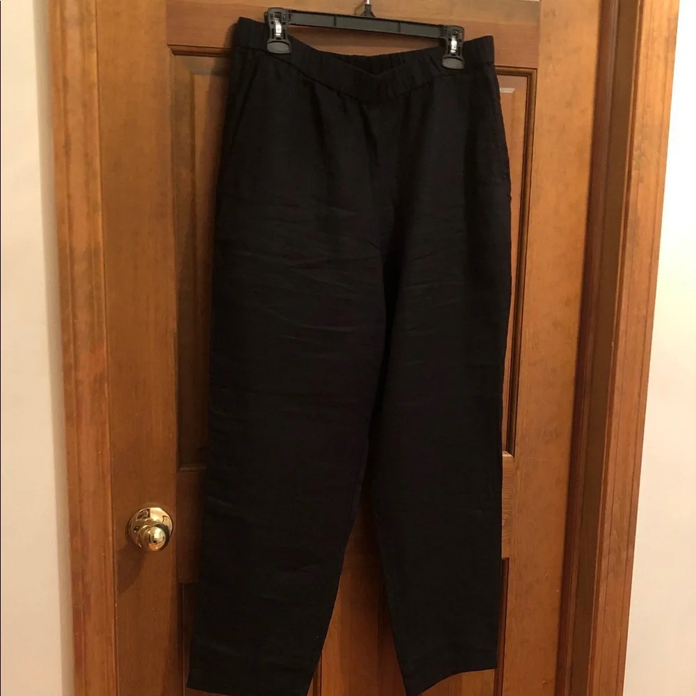 Eileen Fisher Black Elastic-Waist Straight-Leg Linen Ankle Pants - Picture 5 of 7